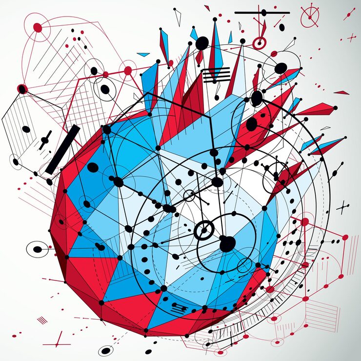 Vector 3d engineering technology vector backdrop made using low poly demolished object with refractions and wireframe. technical abstraction created with bauhaus retro style design elements.