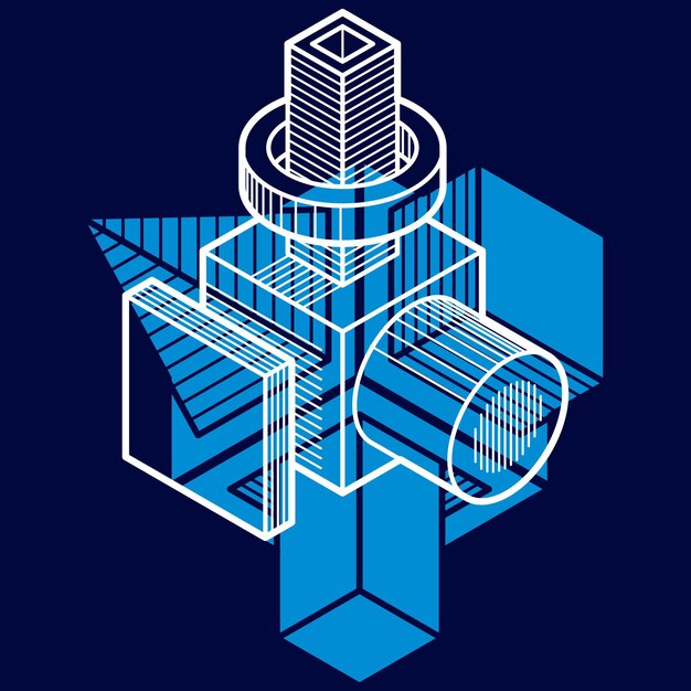 3D 엔지니어링 벡터, 큐브 및 기하학적 형태를 사용하여 만든 추상 모양.