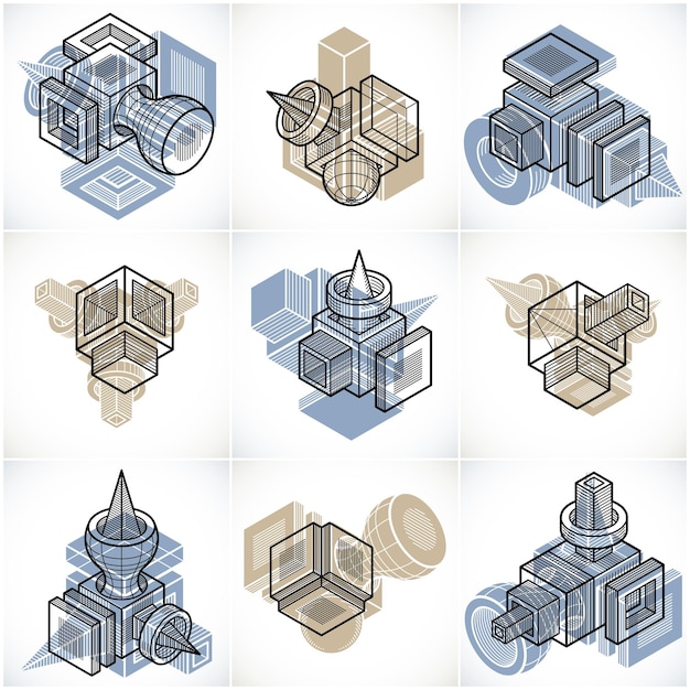 3D engineering vectors, collection of abstract shapes.