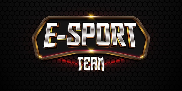 3d esports team logo teksteffect met gouden embleem en donkere zeshoekige achtergrond