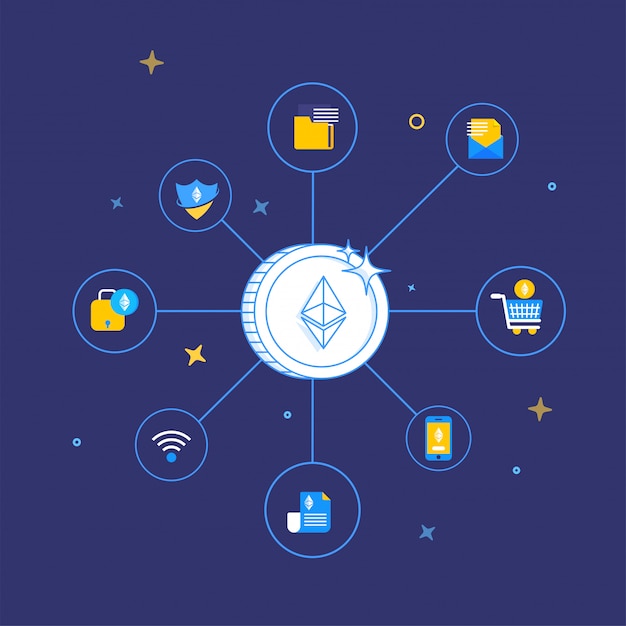 Vector 3d ethereum coin with multiple usages on blue background