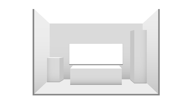 Vettore stand espositivo 3d set cabina pubblicitaria vuota bianca con tavolo presentazione sala riunioni blank tem