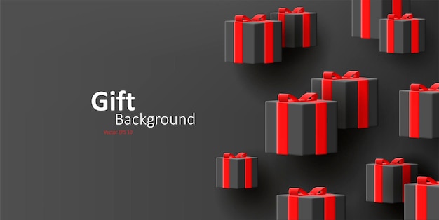 3d falling black gift boxes with red ribbons on black background