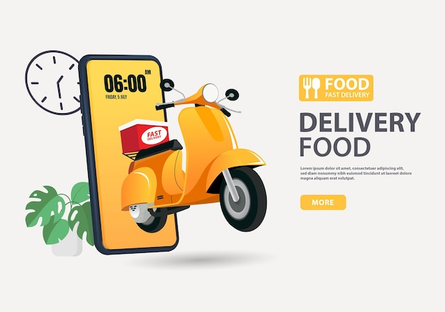 Vector 3d fast delivery to phone via scooter ecommerce concept online food ordering infographic