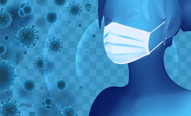 3D female portrait in a medical mask against the background of bacteria viruses spores and dust