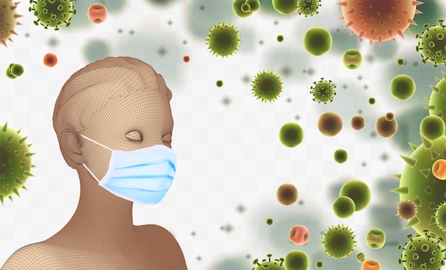 3D female portrait in a medical mask against the background of bacteria viruses spores and dust