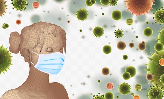 3D female portrait in a medical mask against the background of bacteria