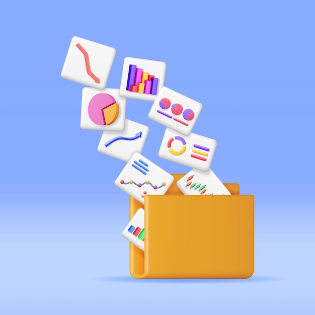 Vector 3d file folder full of pie diagram and arrows