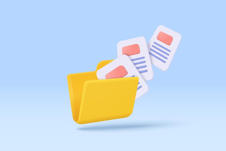 Vector 3d file transfer of document in folder file transfer encrypted form connection docs information migration concept access to remote file and folder 3d document exchange vector render illustration