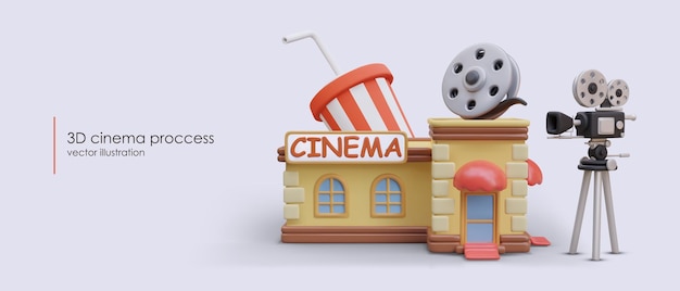 벡터 3d 필름 프로세스: 만화 스타일의 영화, 거대한 필름 카메라 릴, 달한 음료 컵