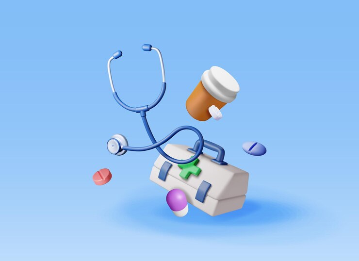 वेक्टर 3d first aid kit with stethoscope pill container