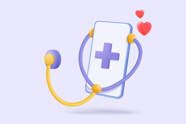 Vector 3d first aid medicine and emergency call to hospital for diagnostic health pharmaceutical heart checkup online consultation with doctor on phone 3d diagnostic urgency icon vector render illustration