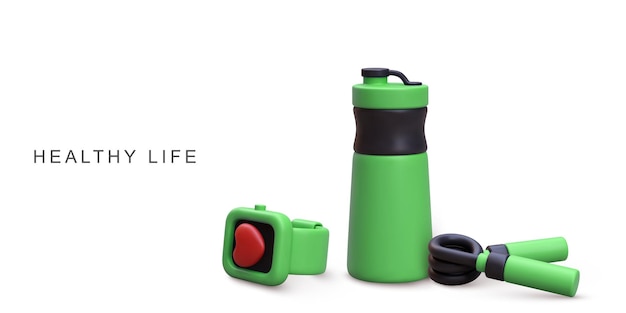 3d fitness bracelet shaker water bottle and carpal expander vector illustration