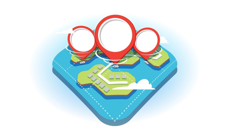 Vector 3d flat style concept with a fragment of geographical map and red navigation pins on it. pins show the available water transport in the ponds on the map.