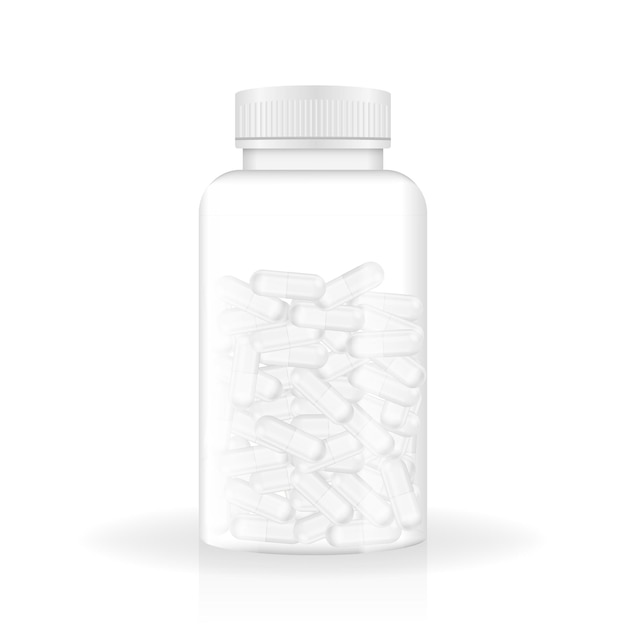 3d fles met pil mock up op witte achtergrond geïsoleerde 3d vector witte achtergrond realistische 3d