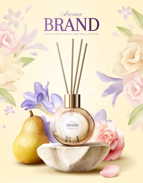 Vector 3d floral aroma reed diffuser ad