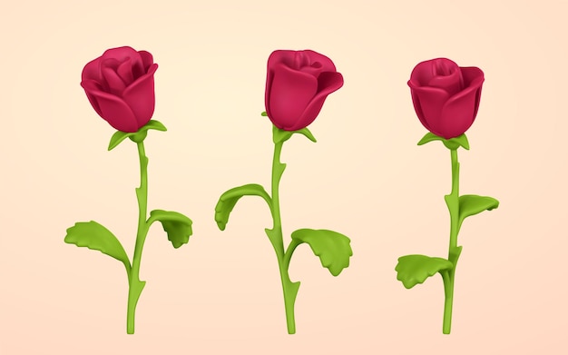 3D 꽃 부케나 장식을 위한 만화 스타일의 귀여운 빨간 장미 벡터 그림