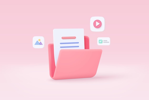 3d folder and paper for management multimedia file document efficient work on project plan concept Image and video document minimal folder icon 3d vector picture render on isolated pink background