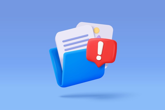 3d folder and paper for management multimedia file document file work on project plan no entry problem fail warning Image and video document folder 3d icon vector render illustration