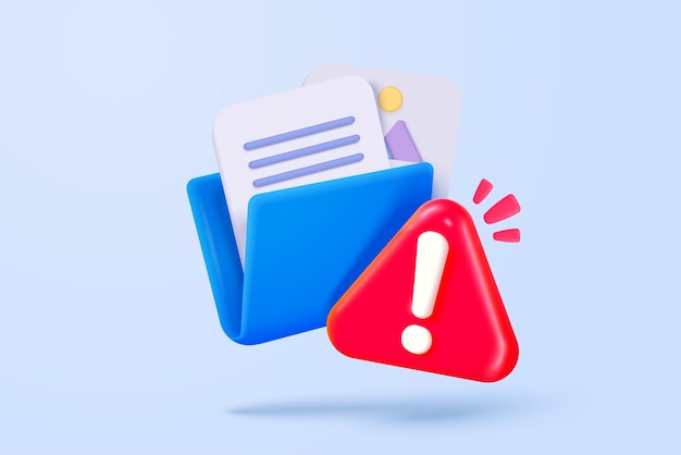 3d folder and paper for management multimedia file document file work on project plan no entry problem fail warning Image and video document folder 3d icon vector render illustration