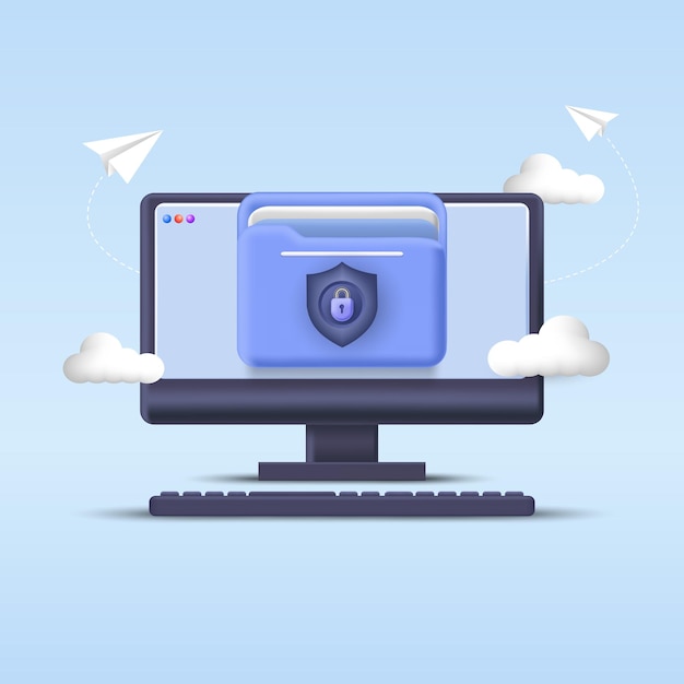 3d folder shield lock concept with document on computer monitor vector illustration