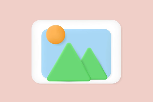 3D-fotopictogram Afbeelding jpg-bestand Zon en bergen landschap Afbeelding in een frame Cartoon minimalistische stijl 3D vectorillustratie