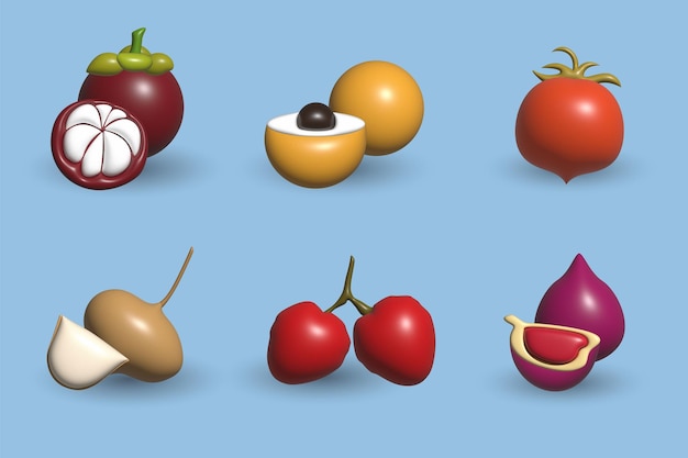 3d fresh fruits icon set collection