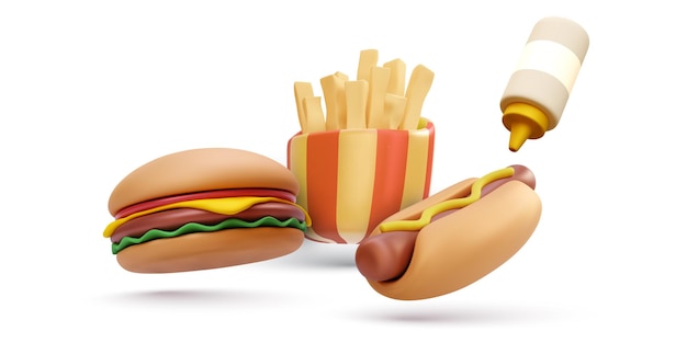 Vector 3d fresh tasty burger hotdog and french fries isolated on white background vector illustration