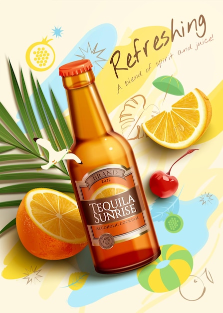 3d fruit beer ad with beach doodles