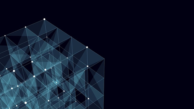 Vector 3d futuristic geometric cube with dots and lines abstract wireframe blockchain science vector background structure technology network connection ai in dark cyberspace background