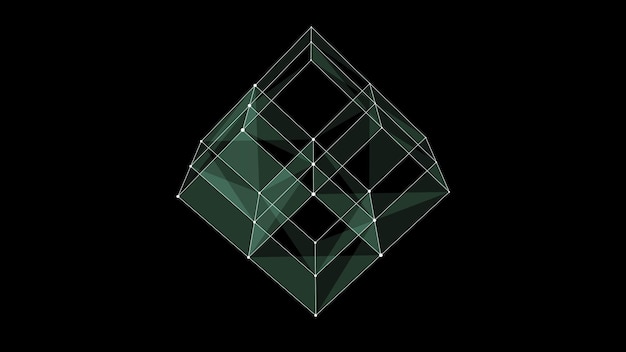 점과 선을 가진 3D 미래 지하학 큐브 추상적인 와이어 프레임 블록체인 과학 터 배경 구조 기술 네트워크 연결 어두운 사이버 공간 배경에서 Ai