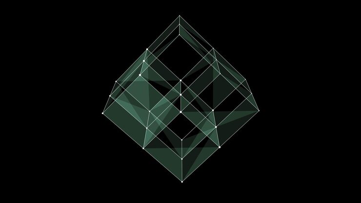 Vector 3d futuristic geometric cube with dots and lines abstract wireframe blockchain science vector background structure technology network connection ai in dark cyberspace background