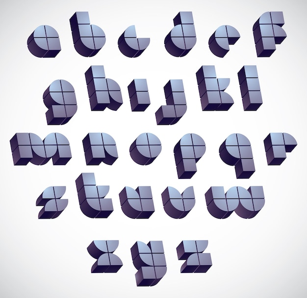 3d futuristic round font made with blocks, monochrome dimensional alphabet, geometric letters for design.