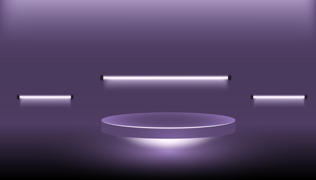 Vector 3d futuristic round podium for displaying gadgets on a purple background with a fluorescent long lam