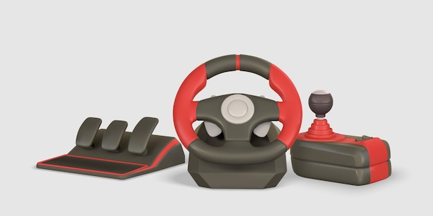 3d game steering wheel pedals shifter game stick controller game concept vector illustration