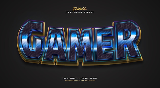 3d gamer-tekststijl in blauw en goud met glittereffect. bewerkbaar tekststijleffect