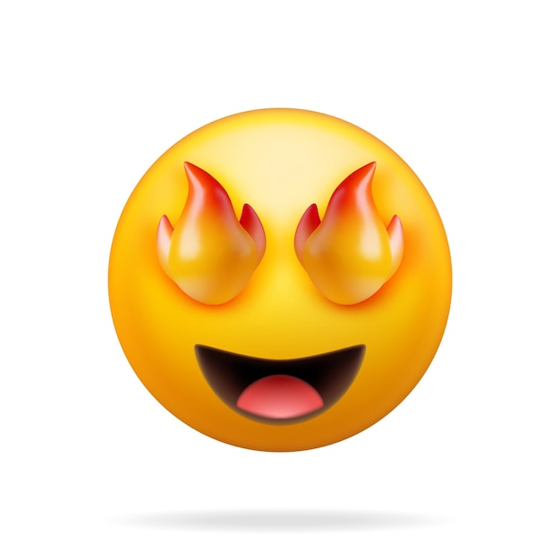 3D Geel Opgewonden Vuur Eyed Emoticon Geïsoleerd Render Lachen Ster Vuur Oog Emoji Blij gezicht LOL Communicatie Web Sociaal netwerk Media App-knop Realistische vectorillustratie