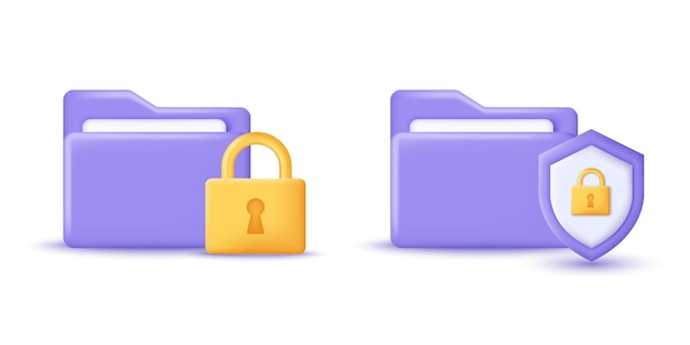 3D-gegevens- en informatiebescherming Document met hangslot en schild Veiligheids- en privacytechnologieconcept 3D-object op geïsoleerde vectorweergave achtergrond