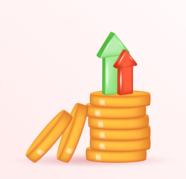 3D geld munt stapels en pijl omhoog. Financiën, investeringen, geld verdienen groei illustratie concept