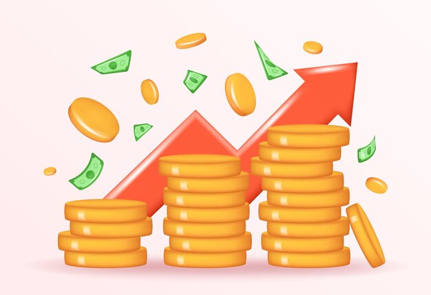 3D geld munt stapels en pijl omhoog. Financiën, investeringen, geld verdienen groei illustratie concept