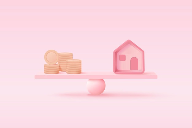 3D geld munt vergelijk huis op weegschaal financieel investeren geldbesparende geld uitwisseling met huis financiële huis lening beheer concept 3D-eigendom saldo vector render in roze achtergrond