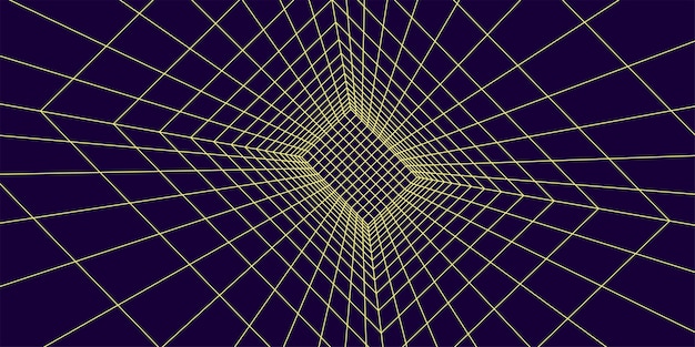 Vector 3d gele futuristische wireframe kamer op paarse achtergrond abstract perspectief raster vector illustratie