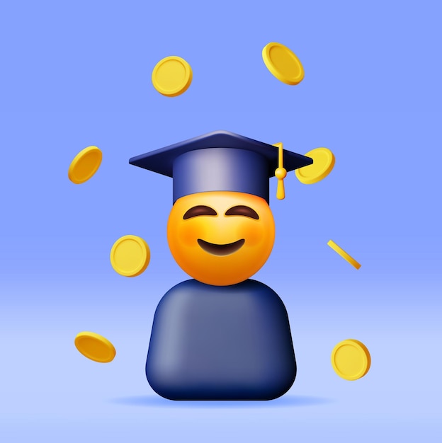 3d gelukkig lachende emoticon in graduate cap in munten