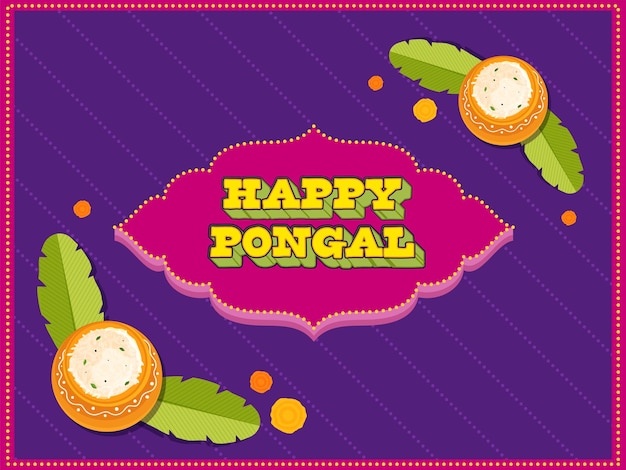 3D gelukkig Pongal lettertype Over Vintage Frame met bovenaanzicht van Pongali rijst In Clay potten bananenbladeren Goudsbloem bloemen versierd op paarse stippen streep patroon achtergrond