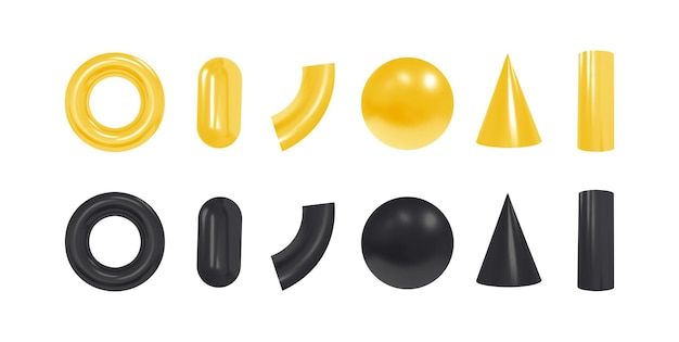 3d geometric objects. Isolated black and yellow shapes.  .