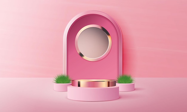 3d геометрический розовый и золотой подиум с пустым пространством для копирования пространства для отображения продукта