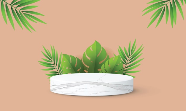 3d geometric podium mockup leaf tropical netural concept for showcase green background Abstract mini