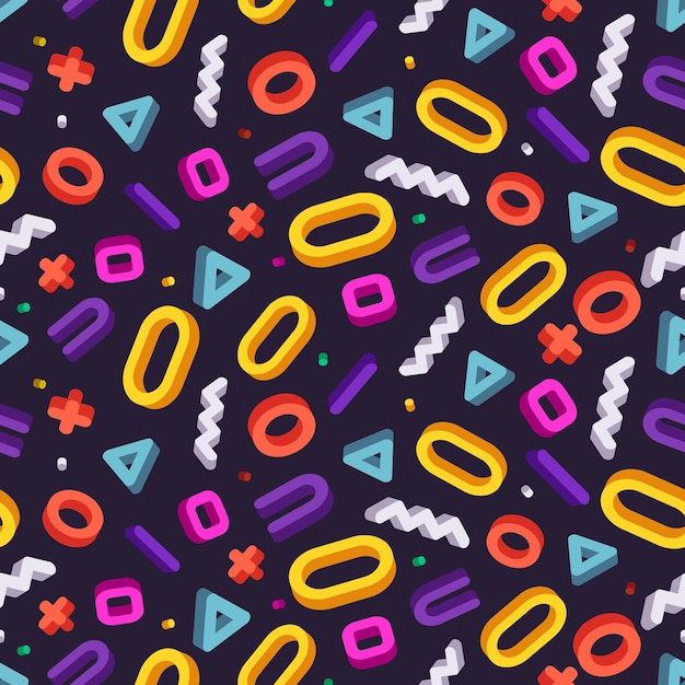 3d geometric shapes of different shapes and colors Multicolored seamless pattern on a dark backgrou