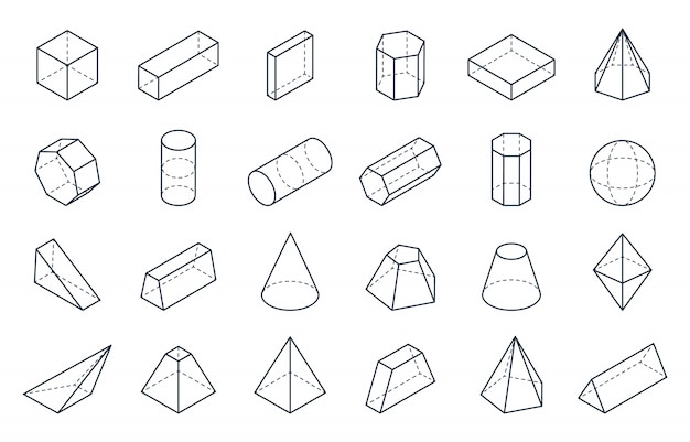 벡터 3d 도형. 아이소 메트릭 선형 형태, 큐브 콘 실린더 피라미드 낮은 다각형 개체. 최소 아이소 메트릭