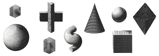 3D geometrische figuur set y2k halftone print vormen brutale retro futuristische ontwerp element